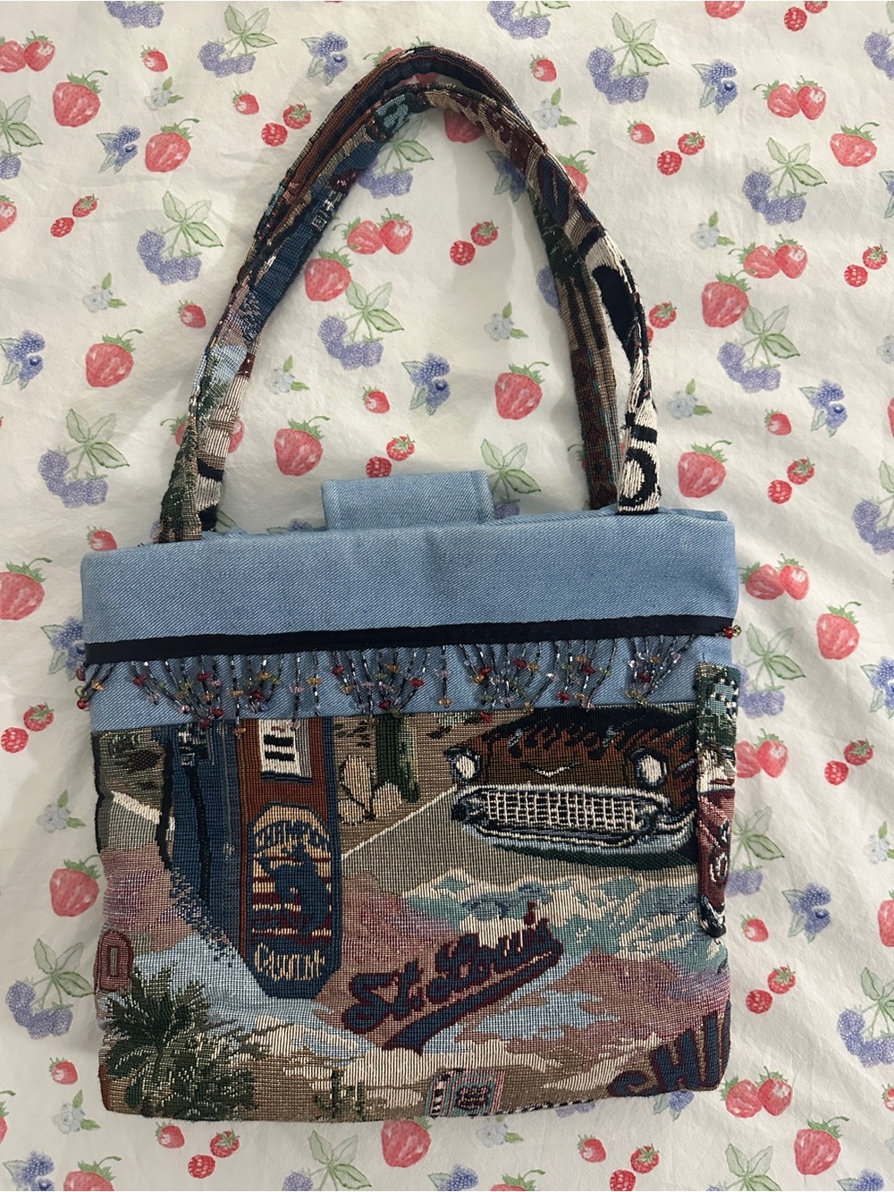Handmade vintage Route 66 tapestry small tote bag